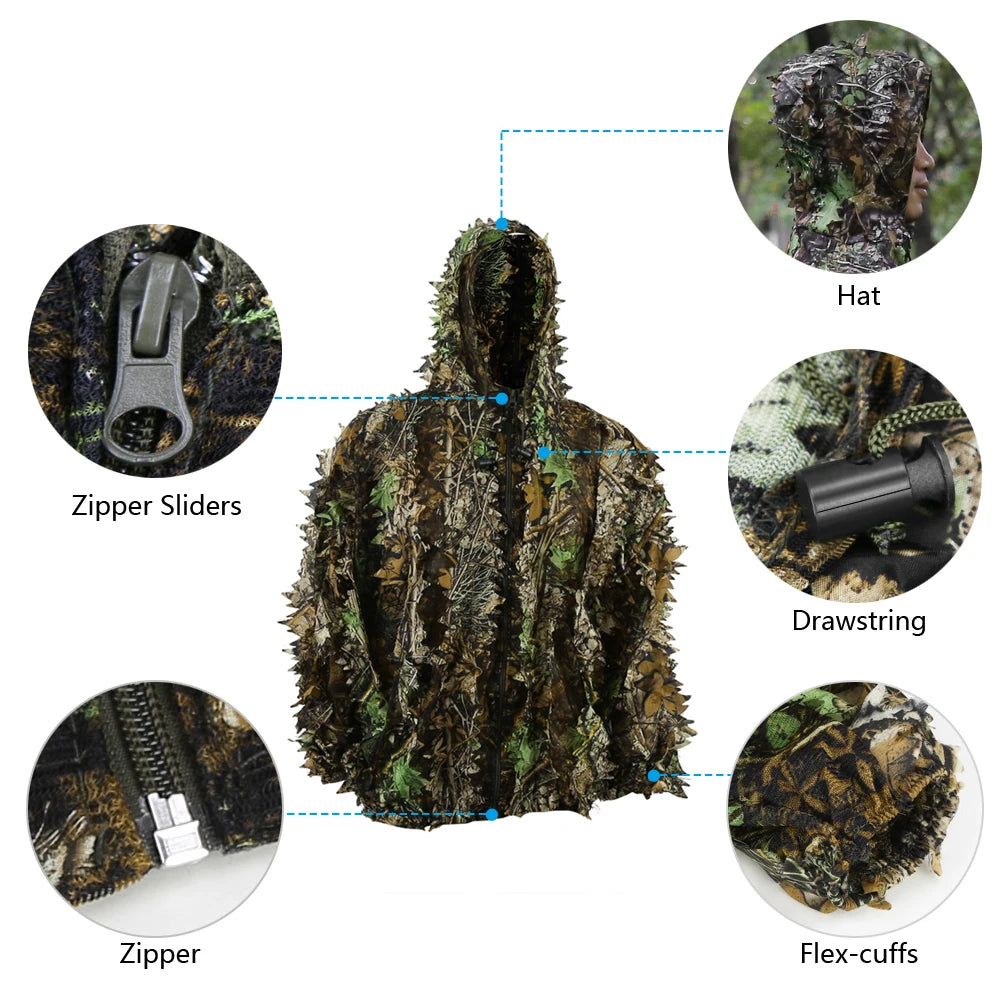 Ghillie Suits for Kids and Adults, Maple Leaf, Bionic Hunting Clothes, Airsoft Camouflage, Jungle Suit, Gillies Pants, Hooded